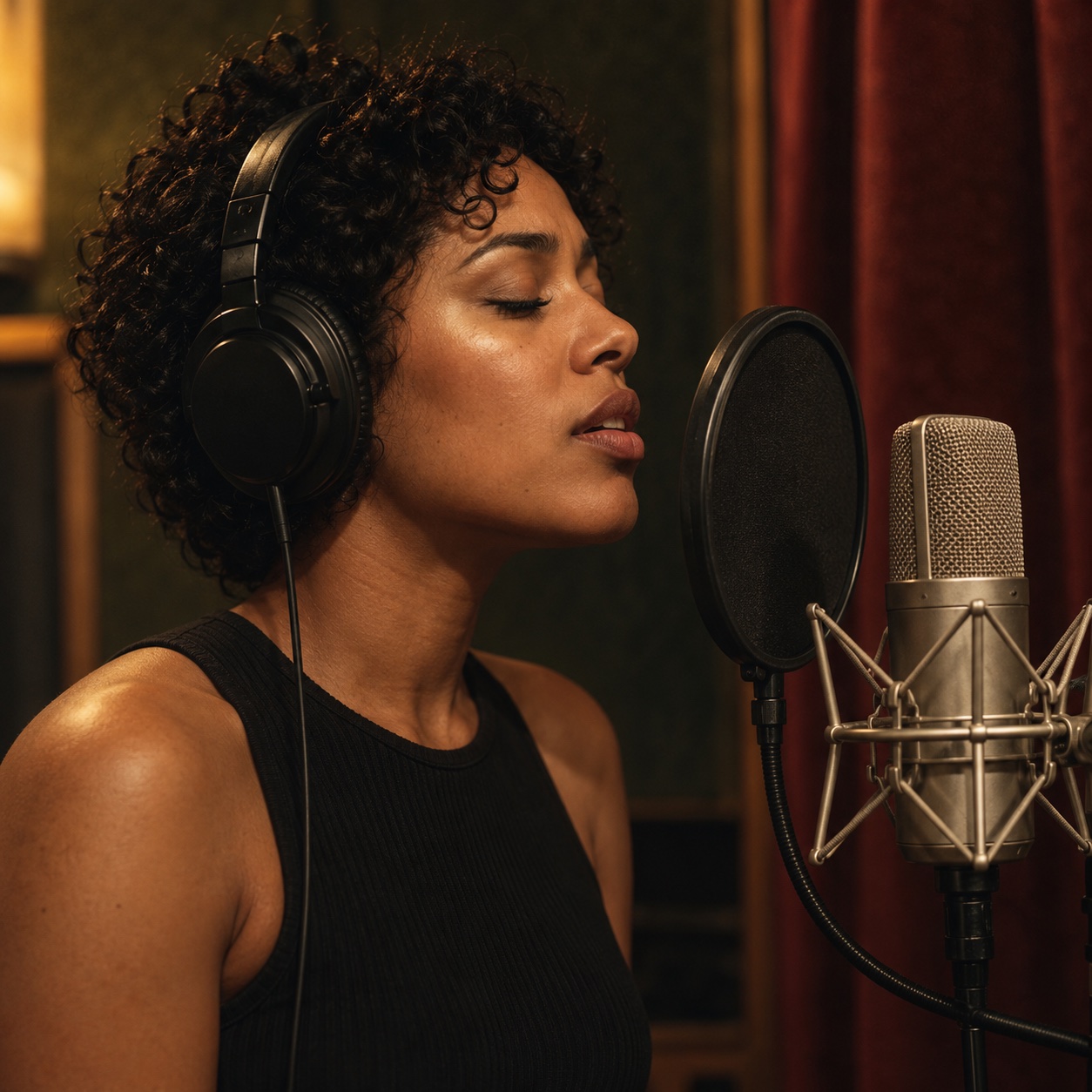 An artist recording vocals in a studio