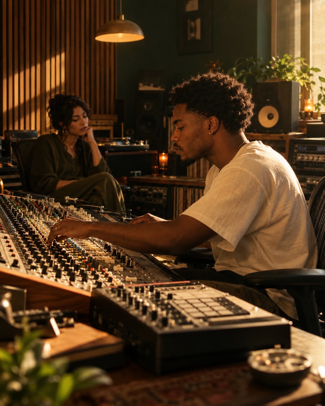 A producer and artist working together at a recording console