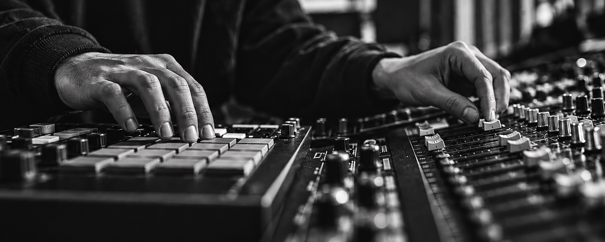 Hands building a beat on a sampler and mixing console